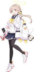  1girl @_@ assault_rifle backpack bag black_pantyhose blonde_hair blue_archive blue_sailor_collar blue_skirt blush bow bowtie bullpup buttons cardigan clenched_hands detached_magazine_(weapon) explosive frilled_skirt frills full_body game_asset grenade gun gun_sling hair_bow hair_ornament halo hands_up hifumi_(blue_archive) highres holding_strap hwansang knees_together_feet_apart l85 large_variant_set leg_up long_hair looking_at_viewer miniskirt nervous official_art open_mouth pantyhose peroro_(blue_archive) pink_trim pleated_skirt pocket raised_eyebrows rifle sailor_collar school_uniform serafuku shoes sidelocks simple_background skirt sneakers solo standing standing_on_one_leg sweat tachi-e third-party_source transparent_background twintails variant_set weapon white_cardigan white_shoes wing_hair_ornament yellow_bow yellow_bowtie yellow_eyes yellow_halo 
