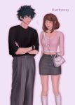  artbyzeny black_shirt boku_no_hero_academia brown_eyes brown_hair couple deku green_eyes green_hair grey_pants grey_skirt highres midoriya_izuku multiple_drawing_challenge pants pink_background pink_shirt ship shirt six_fanarts_challenge skirt socks the_lovers_(tarot) uraraka_ochako watercraft white_bag white_socks 