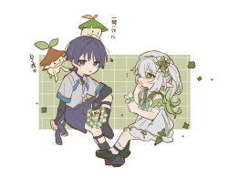  1boy 1girl aranara_(genshin_impact) arm_on_knee beret black_bridal_gauntlets black_hair black_shoes black_shorts blue_eyes blue_trim blunt_ends border bridal_gauntlets bright_pupils clenched_hand collared_shirt commentary_request cross-shaped_pupils detached_sleeves dress eyelashes eyeliner feather_necklace feathers flower flower_wreath gem genshin_impact gold_trim green_background green_eyes green_gem green_hair green_neckerchief green_pupils green_sailor_collar green_trim grid_background hand_on_own_face hands_up hat highres holding holding_flower jewelry layered_shirt legwear_garter long_hair looking_at_another looking_at_creature makeup mary_janes multicolored_hair nahida_(genshin_cafe_in_seoul)_(genshin_impact) nahida_(genshin_impact) neckerchief necklace notice_lines official_alternate_costume open_hand pointy_ears pom_pom_(clothes) red_eyeliner sailor_collar scaramouche_(genshin_impact) shirt shoes shorts side_ponytail sidelocks sitting socks streaked_hair sweatdrop symbol-shaped_pupils tenpi_(hello_3152) translation_request turtleneck turtleneck_shirt wanderer_(genshin_cafe_in_seoul)_(genshin_impact) wanderer_(genshin_impact) white_background white_border white_dress white_flower white_hair white_hat white_pupils white_shirt white_sleeves white_socks wispy_bangs yellow_feathers 