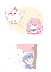  2girls animal_balloon blue_jacket cherry_blossoms closed_eyes closed_mouth commentary_request fu_hua fu_hua_(valkyrie_accipiter) glasses highres honkai_(series) honkai_impact_3rd jacket japanese_clothes jingwei_(bird) kimono long_hair mon_momu multiple_girls nontraditional_miko o_o open_mouth pink_eyes ponytail short_kimono simple_background smile tree triangle_mouth white_background white_kimono yae_sakura yae_sakura_(gyakushinn_miko) 