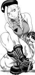 1girl bare_shoulders beret between_breasts bodypaint boots bracer braid breasts cammy_white camouflage combat_boots fingerless_gloves full_body gloves hat highleg highleg_leotard highres holding impossible_clothes impossible_leotard ireading knife leotard leotard_pull lips long_hair looking_to_the_side medium_breasts on_one_knee paintbrush painting_(action) ribbed_leotard scar scar_on_cheek scar_on_face simple_background solo squatting street_fighter sweat sweatdrop thick_thighs thighs twin_braids vambraces white_background 