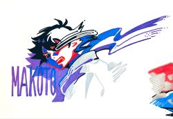  1girl black_hair character_name clenched_teeth colored_sclera highres jacket limited_palette looking_at_viewer makoto_(street_fighter) male_focus one_eye_covered scarf short_hair simple_background solo street_fighter street_fighter_iii_(series) teeth toubankaware traditional_media upper_body white_background white_jacket 