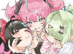  3girls angels_of_delusion aria_(zenless_zone_zero) black_hair blue_eyes close-up detached_sleeves green_eyes green_hair hair_ornament hair_ribbon hairclip highres medium_hair multiple_girls nangong_yu pink_hair red_eyes ribbon sa_3987 sunna_(zenless_zone_zero) white_background zenless_zone_zero 