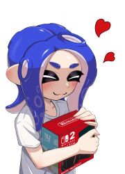  1girl blue_hair blush box closed_eyes closed_mouth collarbone commentary_request happy heart highres holding holding_box long_hair mizututigi nintendo_switch_2 octoling octoling_girl octoling_player_character shirt simple_background smile solo splatoon_(series) splatoon_3 standing t-shirt tentacle_hair thick_eyebrows upper_body white_background white_shirt 