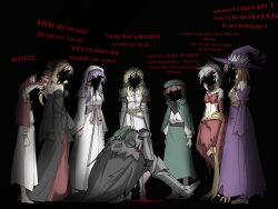  1boy 6+girls animal_ears arm_armor armor belt belt_buckle bird_girl black_background black_dress black_souls black_souls_2 blonde_hair blood blood_from_eyes boots bow bowtie brown_hair buckle catherine_(black_souls) cloak dorothy_(black_souls) dress elisabeth_(black_souls) elma_(black_souls) faceless fazni_frye feathers fur_hood fur_trim goose_(black_souls) green_cloak green_skirt grimm_(black_souls) hat head_wings highres hood horror_(theme) jeanne_(black_souls) knight long_hair multiple_girls nun nun_headdress purple_hair purple_skirt red_feathers red_hood_(black_souls) shaded_face short_hair shoulder_armor skirt tearing_up tiller traditional_nun white_dress white_hair white_skirt wings witch witch_hat wolf_ears 
