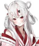  1girl blush closed_mouth gradient_hair grey_hair hair_between_eyes hololive horns japanese_clothes long_hair looking_at_viewer multicolored_hair nakiri_ayame oni oni_horns red_eyes redhead smile solo streaked_hair virtual_youtuber white_background yuya_(pixiv37335712) 