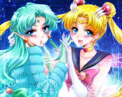  1boy 1girl :d anniversary aqua_hair bishoujo_senshi_sailor_moon bishoujo_senshi_sailor_moon_supers blue_eyes blue_jacket blue_sailor_collar blush border bow breasts character_name chest_bow choker collarbone colored_extremities commentary_request crescent crescent_earrings crescent_ornament curtained_hair double_bun earrings elbow_gloves facial_mark finger_to_mouth fish_eye_(sailor_moon) floating_hair forehead_jewel gloves gold_choker gold_earrings gold_tiara gold_trim green_scales hair_bun hair_ornament hair_ornament_request hand_on_another's_head hands_up heart heart_choker holding_hands inset_border interlocked_fingers jacket jewelry kiraki long_hair long_sleeves looking_back low-tied_long_hair medium_breasts open_mouth ornate_border parted_bangs pink_bow pointing pointing_at_self pointy_ears red_nails sailor_collar sailor_moon shirt smile sphere_earrings sphere_hair_ornament star_(sky) starry_sky_background trap turning_head twintails upper_body white_gloves white_shirt 