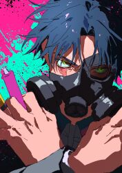  1boy 333takoyaki absurdres black_coat blue_hair coat collared_shirt commentary_request gero_hikaru highres holding holding_syringe layered_sleeves long_sleeves looking_at_viewer male_focus marriagetoxin mask portrait respirator scar scar_across_eye scar_on_face shirt short_hair solo splatter_background syringe 
