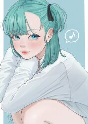  1girl aegyo_sal aqua_background aqua_hair asymmetrical_bangs black_ribbon blue_eyes bulma commentary_request dragon_ball eyelashes hair_ribbon highres light_blush lips long_sleeves looking_at_viewer musical_note ribbon shirt side_ponytail signature simple_background solo spoken_musical_note tagme white_shirt zakikoillust 