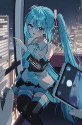  1girl bare_shoulders black_skirt black_sleeves black_thighhighs blue_eyes blue_hair blue_nails blue_necktie blush breasts cellphone cityscape collared_shirt commentary_request detached_sleeves ferris_wheel ferris_wheel_interior hatsune_miku highres holding holding_phone long_hair looking_at_viewer miniskirt nail_polish necktie night number_tattoo open_mouth pentagon_(railgun_ky1206) phone pleated_skirt pointing pov shirt sitting skirt sleeveless sleeveless_shirt small_breasts smartphone solo_focus tattoo thigh-highs twintails very_long_hair vocaloid white_shirt zettai_ryouiki 