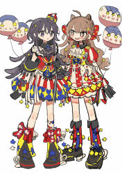  2girls :d absurdres ahoge ascot balloon black_ascot black_eyes black_hair black_shoes blue_socks blush_stickers bright_pupils brown_eyes brown_hair commentary_request crossed_bangs dot_nose dress full_body hair_between_eyes highres jewelry long_hair multiple_girls open_mouth original pendant red_dress red_socks shoes short_sleeves simple_background smile socks standing striped_clothes striped_dress striped_socks two-tone_socks uenae_chiyiro vertical-striped_clothes vertical-striped_dress vertical-striped_socks white_ascot white_background white_pupils 