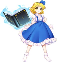  1girl :< alice_margatroid alice_margatroid_(pc-98) back_bow blonde_hair blue_fire blue_hairband book bow child closed_mouth fire floating floating_book floating_object frilled_skirt frills full_body game_asset grimoire grimoire_of_alice hairband highres looking_at_viewer official_art rotte_(1109) simple_background skirt socks solo suspender_skirt suspenders third-party_source touhou touhou_(pc-98) touhou_lostword transparent_background white_bow white_socks yellow_eyes 