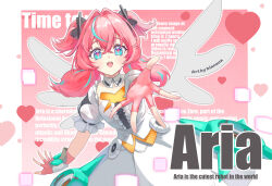  1girl absurdres aqua_hair aqua_streaks aria_(human)_(zenless_zone_zero) aria_(zenless_zone_zero) artist_name blue_eyes center_frills character_name commentary_request crossed_bangs dress english_text fingerless_gloves frills gloves hair_between_eyes heart highres looking_at_viewer multicolored_hair open_clothes pink_background pink_gloves pink_hair quad_tails solo star-shaped_pupils star_(symbol) streaked_hair symbol-shaped_pupils white_dress white_wings wings ximubianana zenless_zone_zero 