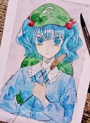  1girl arm_behind_back backpack bag blue_eyes blue_hair blue_shirt closed_mouth commentary contrast_collar frilled_shirt_collar frills green_bag green_hat hair_bobbles hair_ornament hat highres holding kawashiro_nitori kz_m_i long_sleeves newsboy_cap object_request one-hour_drawing_challenge shirt short_hair sleeve_cuffs solo touhou traditional_media 