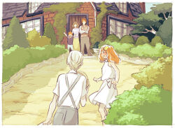  2girls 3boys \o/ aged_up alternate_universe arm_at_side arms_up bad_id black_shirt blonde_hair blue_sky blush border brick_wall brown_eyes brown_hair brown_pants brown_sweater_vest bush clenched_hands commentary crossed_arms dated_commentary day dirt_road dress facing_away family father_and_child father_and_daughter father_and_son foliage grey_pants hand_up harry_potter_(series) hermione_granger holding house husband_and_wife if_they_mated ivy long_skirt long_sleeves looking_at_another looking_back maiko_(setllon) medium_hair mother_and_child mother_and_daughter mother_and_son multiple_boys multiple_girls outdoors outstretched_arms pants parent_and_child red_hair retaining_wall road ron_weasley shirt short_sleeves skirt sky sleeveless sleeveless_dress standing sundress sweater sweater_vest t-shirt tree turning_head twisted_torso walking waving white_border white_dress white_pants white_shirt white_sweater wizarding_world yellow_skirt 
