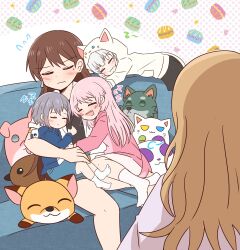  absurdres bang_dream! bang_dream!_it's_mygo!!!!! blonde_hair blush chihaya_anon closed_eyes closed_mouth commentary_request couch highres jacket jx2_(jennyiq) kaname_raana mole mole_under_eye multiple_girls nagasaki_soyo on_couch parka shiina_taki shirt sleeping sleepy socks stuffed_animal stuffed_toy takamatsu_tomori white_jacket white_socks 