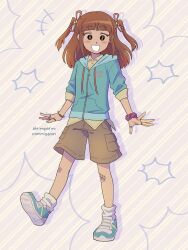  +++ 1girl :d absurdres aged_up ankle_socks aqua_jacket aqua_shoes arms_at_sides artist_name bandaid bandaid_on_knee bandaid_on_leg bare_legs blue_hood blunt_bangs blush bright_pupils brown_eyes brown_hair brown_shorts buttons collared_shirt commentary commission dark-skinned_female dark_skin diagonal-striped_background drawstring english_commentary flat_chest full_body grey_background grey_socks grin hair_ribbon highres hood hood_down hooded_jacket jacket jewelry looking_at_viewer medium_hair no_sclera omori outstretched_hand pink_ribbon pink_scrunchie pocket ribbon ring sally_(omori) scrunchie shirt shoes shorts shrimperini sidelocks simple_background smile socks solo standing standing_on_one_leg striped_background tareme three-quarter_sleeves two_side_up watermark white_pupils wrist_scrunchie yellow_background yellow_shirt zipper zipper_pull_tab 