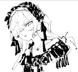  1girl aiu_ryo bare_shoulders crescent crescent_necklace gothic_lolita greyscale hair_over_one_eye hairband highres jewelry lolita_fashion lolita_hairband long_hair looking_at_viewer mahou_shoujo_no_majo_saiban monochrome natsume_an-an necklace one_side_up parted_lips simple_background solo upper_body white_background 