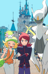  1boy 1girl arceus bag beret bianca_(pokemon) black_jacket blonde_hair building chueog closed_mouth commentary cowlick crossed_arms day green_bag green_hat hand_up hat highres jacket long_hair long_sleeves looking_at_viewer on_head orange_vest outdoors pants photo_background pokemon pokemon_(creature) pokemon_black_and_white pokemon_heartgold_and_soulsilver pokemon_on_head red_hair shaymin shaymin_(land) short_sleeves shoulder_bag silver_(pokemon) sky sweatdrop untranslatable_commentary vest w 