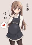  1girl arashio_(kancolle) arm_behind_back belt black_pantyhose brown_eyes brown_hair dress finger_to_cheek heart heart-shaped_pupils highres kantai_collection long_hair long_sleeves pantyhose pregnant simple_background smile solo spoken_heart symbol-shaped_pupils translation_request yurarin 