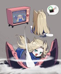  1girl :3 :d absurdres animal_ear_fluff animal_ears animalization aqua_eyes blonde_hair blue_cloak blue_ribbon cat cat_ears cat_girl cat_tail cloak commentary crt diana_(pragmata) fang from_behind grey_background highres j_humbo jitome long_hair multiple_views open_mouth padded_cloak pragmata punching ribbon simple_background sitting smile tail tail_ornament tail_ribbon television untranslatable_commentary watching_television 
