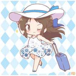  1girl ;) argyle_background arm_up bare_arms bare_shoulders blue_sandals blush brown_eyes brown_hair chibi closed_mouth commentary_request dress floating_hair floral_print hand_on_headwear hat idolmaster idolmaster_cinderella_girls long_hair looking_at_viewer mitarashi_neko one_eye_closed print_dress rolling_suitcase sandals shadow sleeveless sleeveless_dress smile solo standing standing_on_one_leg suitcase sun_hat tachibana_arisu very_long_hair white_hat 