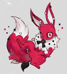  :d alternate_color alternate_shiny_pokemon animal_focus bairizuomeng black_necktie black_sclera colored_sclera eevee fluffy full_body grey_background highres looking_at_viewer neck_fur necktie no_humans open_mouth pokemon pokemon_(creature) pokemon_focus red_fur red_pupils simple_background smile solo white_eyes white_fur 