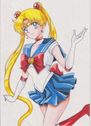  1girl absurdres back_bow bishoujo_senshi_sailor_moon blonde_hair blue_eyes blue_sailor_collar blue_skirt boots bow breasts chikoto_(kztc4472) choker circlet closed_mouth collarbone commentary crescent crescent_choker crescent_earrings curtained_hair double_bun earrings elbow_gloves gem gloves gold_circlet hair_bun hair_ornament hand_up highres jewelry knee_boots knee_up leotard lone_nape_hair long_hair looking_at_viewer magical_girl medium_breasts miniskirt paper_texture parted_bangs photoshop_(medium) pleated_skirt red_boots red_bow red_choker red_gem red_trim sailor_collar sailor_moon sailor_senshi_uniform short_sleeves simple_background skirt smile solo standing standing_on_one_leg traditional_media transformation_brooch_(sailor_moon) tsukino_usagi twintails very_long_hair white_background white_gloves white_leotard white_trim 