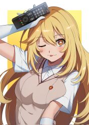  1girl ;p blonde_hair breast_press breasts brown_eyes brown_sweater_vest ci31205 collared_shirt commentary_request controller elbow_gloves gloves highres holding holding_controller holding_remote_control large_breasts long_hair looking_at_viewer one_eye_closed remote_control school_emblem school_uniform shirt shokuhou_misaki short_sleeves smile solo sparkling_eyes summer_uniform sweater_vest toaru_kagaku_no_mental_out toaru_kagaku_no_railgun toaru_majutsu_no_index tokiwadai_school_uniform tongue tongue_out two-tone_background v-neck white_background white_gloves white_shirt yellow_background 