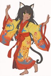  1girl :3 animal_ears barefoot brown_hair cat_ears cat_girl cat_tail check_copyright commentary_request copyright_request dark-skinned_female dark_skin eyeshadow fang full_body highres japanese_clothes kimono kisaragi_shokuin long_hair looking_to_the_side makeup obi open_mouth original red_eyeshadow sash sketch smile solo tail yellow_eyes 