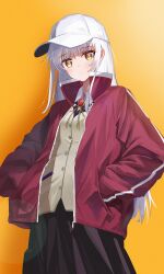  1girl absurdres angel_beats! baseball_cap black_skirt blush brooch closed_mouth collared_shirt commentary cowboy_shot expressionless eyelashes film_grain hair_between_eyes hands_in_pockets hat highres jacket jewelry long_hair looking_at_viewer neck_ribbon official_alternate_costume open_clothes open_jacket orange_background pleated_skirt red_jacket ribbon school_uniform shirt sidelocks simple_background skirt solo tachibana_kanade track_jacket very_long_hair white_hair white_hat white_shirt wodex1nhao1eng yellow_eyes yellow_jacket yellow_pupils yellow_ribbon zipper 