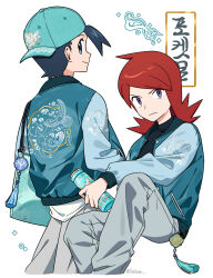  2boys alternate_costume bag black_hair black_shirt buttons chueog closed_mouth cowlick ethan_(pokemon) green_bag green_hat grey_eyes grey_pants hat highres holding jacket long_hair male_focus multiple_boys open_clothes open_jacket pants pokemon pokemon_heartgold_and_soulsilver print_jacket red_hair shirt short_hair silver_(pokemon) smile 