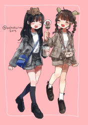  2girls :d absurdres ahoge bag black_hair black_shoes black_socks blush braid brown_hair brown_jacket brown_shoes brown_shorts candy closed_eyes commentary_request cup disposable_cup food full_body grey_jacket grey_shorts highres holding holding_candy holding_cup holding_food holding_lollipop jacket kneehighs lollipop long_hair long_sleeves multiple_girls open_clothes open_jacket open_mouth original pink_background plaid_clothes plaid_jacket plaid_shorts shirt shoes shorts smile socks standing twin_braids twitter_username uenae_chiyiro white_shirt white_socks 