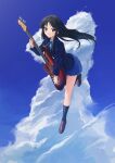  1girl akiyama_mio bass_guitar black_eyes black_hair black_socks blazer blue_jacket blue_ribbon blue_skirt blue_sky blush brown_footwear clouds collared_shirt commentary_request day fender_jazz_bass full_body highres holding holding_instrument instrument jacket k-on! left-handed leg_up loafers long_hair long_sleeves looking_at_viewer mandei_(nao_1234567) mouth_hold neck_ribbon outdoors pleated_skirt ribbon sakuragaoka_high_school_uniform school_uniform shirt shoes sidelocks skirt sky socks solo white_shirt winter_uniform 