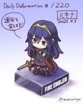  1girl blue_eyes blue_gloves blue_hair boots cape chibi dated falchion_(fire_emblem) faux_figurine fingerless_gloves fire_emblem fire_emblem_awakening fushigi_ebi gloves hair_between_eyes holding holding_sword holding_weapon long_hair lucina_(fire_emblem) sheath smile solo sword thigh_boots tiara twitter_username weapon 