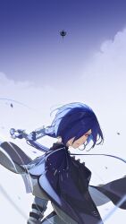  1girl arms_behind_back blue_cloak blue_hair bound bound_wrists cloak closed_mouth commentary crescent crescent_earrings earrings floating_hair from_side hair_over_one_eye highres ian_olympia jewelry long_hair looking_at_viewer promeia_(zenless_zone_zero) solo upper_body very_long_hair violet_eyes zenless_zone_zero 
