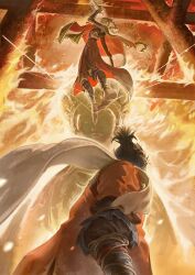  1boy 1girl artist_name black_hair boss_fight burning capelet chinese_commentary coat commentary_request duel fire floating_scarf from_below green_capelet grey_hair highres holding holding_kunai holding_weapon in-universe_location japanese_clothes kimono kunai kwiaty_k lady_butterfly long_braid long_hair long_scarf old old_woman orange_coat pillar ponytail scarf sekiro sekiro:_shadows_die_twice short_hair short_ponytail standing statue string weapon 