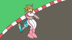  1girl :d antennae armor armored_boots arms_up bandana belt biker_clothes bikesuit blonde_hair blue_background blue_eyes bodysuit boots breasts chest_jewel commentary cosplay crown earrings english_commentary food fruit full_body grass headphones hyper_roll_(marvel_vs._capcom) jewelry joints knee_boots knee_pads large_breasts long_hair looking_at_viewer mario_kart mario_kart_world mechanical_arms mechanical_boots mechanical_legs metal_gloves motor_vehicle motorcycle official_alternate_costume open_mouth peach pep-302 pink_armor pink_boots ponytail princess_peach princess_peach_(cosplay) radio_antenna ribbon robot_joints roll_(mega_man) shoulder_armor sidelocks signature simple_background smile solo super_mario_bros. white_ribbon 