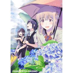  3boys amano_konatsu black_dress black_hair blonde_hair blue_eyes blue_hair blue_necktie dress flower frog green_umbrella hagino_makoto hair_ribbon hand_up hirose_kaede holding holding_umbrella honami_koyuki hydrangea long_hair missing_commentary mole mole_under_eye multiple_boys necktie nettaigyo_wa_yuki_ni_kogareru official_art open_mouth outdoors pillarboxed pinafore_dress pink_hair red_ribbon ribbon school_uniform shirt short_hair short_sleeves sleeveless sleeveless_dress umbrella violet_eyes white_shirt 