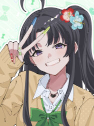 1girl ahoge awa_subaru black_hair blue_nails blush bow bowtie brown_cardigan cardigan clenched_teeth collared_shirt commentary_request dress_shirt fake_nails fingernails flower girls_band_cry green_bow green_bowtie green_eyes green_nails gyaru hair_flower hair_ornament highres jewelry long_fingernails long_hair necklace one_side_up orange_nails outline red_nails school_uniform shirt sidelocks sleeves_past_wrists smile solo teeth tsuyudashimirin upper_body v violet_eyes white_outline white_shirt