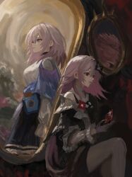  00_ooc 2girls black_dress crossed_legs dress evernight_(honkai:_star_rail) hair_intakes highres honkai:_star_rail honkai_(series) looking_ahead march_7th_(honkai:_star_rail) medium_hair mirror multiple_girls pantyhose pink_eyes pink_hair red_eyes shirt sitting standing white_shirt 