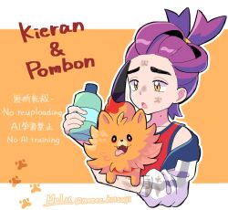  1boy :o bottle character_name collarbone commentary_request cropped_torso dirty dirty_arm dirty_face highres holding holding_bottle holding_pokemon jacket kieran_(pokemon) male_focus meeee_hitsuji mole mole_on_neck off_shoulder open_mouth orange_background outline pokemon pokemon_(creature) pokemon_scarlet_and_violet pombon purple_hair raised_inner_eyebrows red_shirt shirt signature sleeveless sleeveless_shirt twitter_username upper_body white_jacket yellow_eyes 