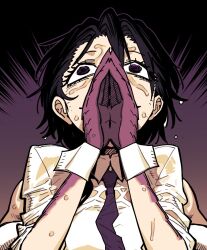  1girl @_@ black_hair dress_shirt hands_on_own_face highres higuruma_stressed_out_(meme) looking_up medium_hair meme player_(webtoon) purple_hands shirt sleeves_rolled_up solo ssambatea violet_eyes vivian_(player) wet wet_clothes wet_face wet_hair white_shirt 