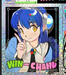  1girl black_necktie blue_hair breasts collared_shirt ed0401 headphones long_hair looking_at_viewer microsoft_windows necktie os-tan personification product_girl shirt smile solo winchan yellow_eyes 