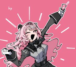  1girl animal_ears arm_up black_bow blush bow clenched_hand femme_soule gloves goat_ears goat_horns highres horns juliet_sleeves long_hair long_sleeves looking_at_viewer multicolored_hair odayaka one_eye_closed open_mouth pink_background pink_hair puffy_sleeves pukey_goddess_shot_trick simple_background sleeve_cuffs smile solo streaked_hair white_gloves 