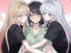  3girls black_hair black_shirt blonde_hair blue_eyes blush breast_pocket cho_kaguya-hime! commentary_request girl_sandwich green_eyes grey_hair hug hug_from_behind kaguya_(cho_kaguya-hime!) korean_commentary long_hair mole mole_under_eye multicolored_eyes multicolored_hair multiple_girls nutella_1231 pink_hair pocket red_eyes runami_yachiyo sakayori_iroha sandwiched shirt short_sleeves sweat two-tone_hair violet_eyes wavy_mouth yuri 