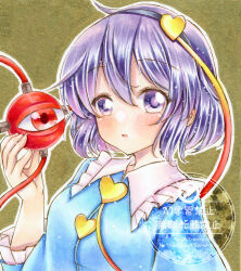  1girl black_hairband blue_shirt breasts buttons collared_shirt commentary disembodied_linked_eye eyeball frilled_shirt_collar frilled_sleeves frills hair_ornament hairband heart heart_button heart_hair_ornament highres komeiji_satori long_sleeves nekofish666 purple_hair shirt small_breasts solo touhou traditional_media violet_eyes watermark wide_sleeves 