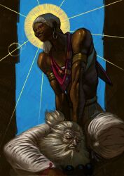  1boy 1girl akuma_(street_fighter) armlet bald beads beard blunt_bangs bracelet calli_giovanninni commentary dark-skinned_female dark-skinned_male dark_skin dreadlocks earrings elena_(street_fighter) english_commentary facial_hair grey_hair highres hoop_earrings jewelry long_hair male_focus multiple_boys muscular muscular_female muscular_male necklace old old_man pants short_hair sitting smile street_fighter street_fighter_6 sun topknot very_dark_skin white_hair white_pants 