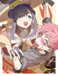  1boy 1girl absurdres blue_eyes blush chinese_clothes commentary_request couple double_bun dress earrings gauma gloves gridman_universe gridman_universe_(movie) hair_between_eyes hair_bun hair_over_one_eye hetero highres holding_hands japanese_clothes jewelry long_hair long_sleeves necktie open_mouth pink_hair princess_(dynazenon) red_hair scar scar_on_face shirt short_hair smile sunglasses teeth tyaui_(xjju4435) 