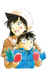  1boy 1girl :d :o aoyama_goushou black-framed_eyewear black_hair blue_eyes blue_jacket blush brown_jacket cropped_torso down_jacket edogawa_conan facing_to_the_side glasses gloves green_gloves hat highres jacket knit_hat long_hair long_sleeves looking_up meitantei_conan mouri_ran non-web_source official_art open_mouth painting_(medium) red_gloves short_hair simple_background smile traditional_media w_arms watercolor_(medium) white_background white_hat winter_clothes 